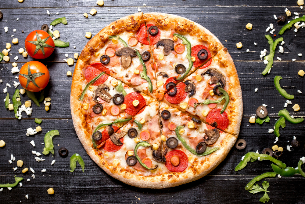 top view pepperoni pizza with mushroom sausages bell pepper olive corn black wooden