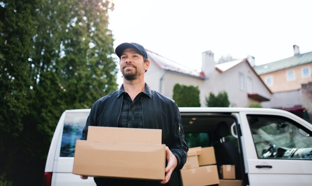 Portrait of delivery man courier delivering parcel box in town