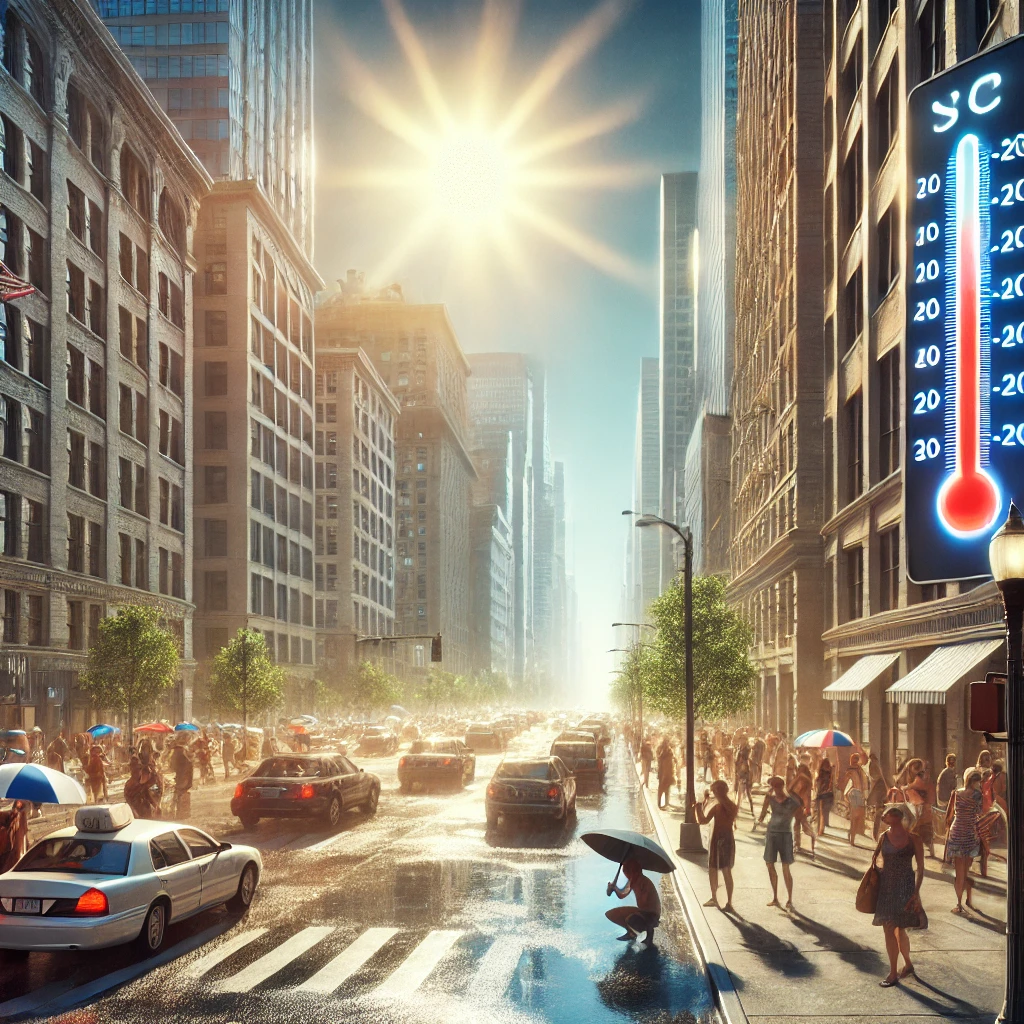 DALL·E 2024 06 19 11.11.27 A realistic American cityscape experiencing an intense heatwave. The scene includes high rise buildings with heat waves visibly rising from the paveme