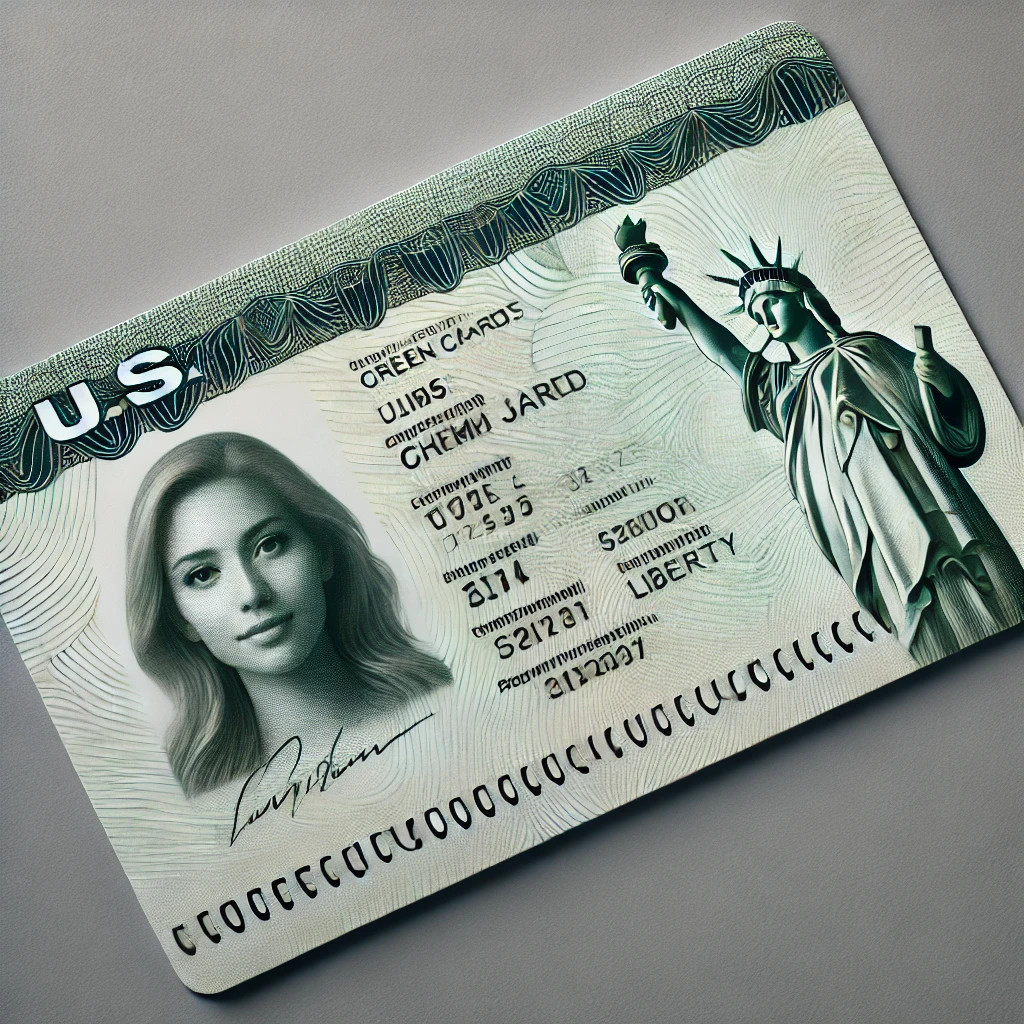 DALL·E 2024 06 20 09.45.50 A realistic image of a U.S. Green Card featuring the typical elements such as the cardholders photo name and essential details. The background has
