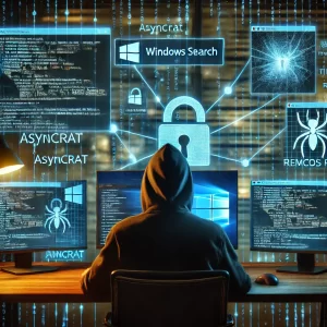 DALL·E 2024 07 25 09.05.16 A realistic scene showing hackers exploiting a vulnerability in Windows. A person wearing a hoodie is sitting at a computer desk with multiple monitor