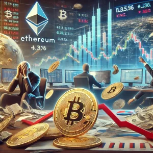 DALL·E 2024 08 05 08.41.59 A realistic representation of cryptocurrency market volatility. Depict Bitcoin and Ethereum logos amidst sharply declining charts with realistic econ