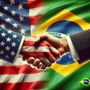 DALL·E 2024 08 05 12.08.02 A realistic image featuring the flags of Brazil and the United States with each flag taking up half of the background. In the foreground show a hand