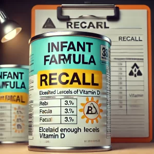 DALL·E 2024 08 13 14.48.20 An image representing a recall of infant formula. The image should include a representation of infant formula cans with a highlighted section indicat